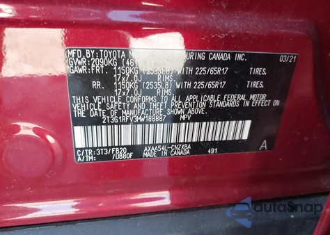 2021 Toyota Rav4 Le from USA, damaged, VIN 2T3G1RFV3MW188887